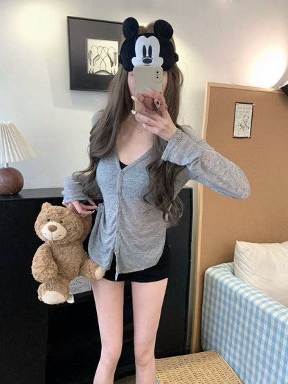 summer cardigan shirt, grey sun shirt women, lightweight long sleeve cover-up, v-neck summer outerwear, OOTDAY cardigan