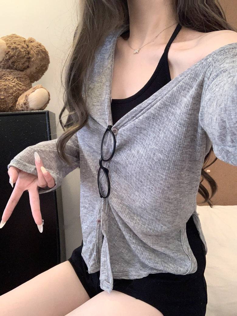 summer cardigan shirt, grey sun shirt women, lightweight long sleeve cover-up, v-neck summer outerwear, OOTDAY cardigan