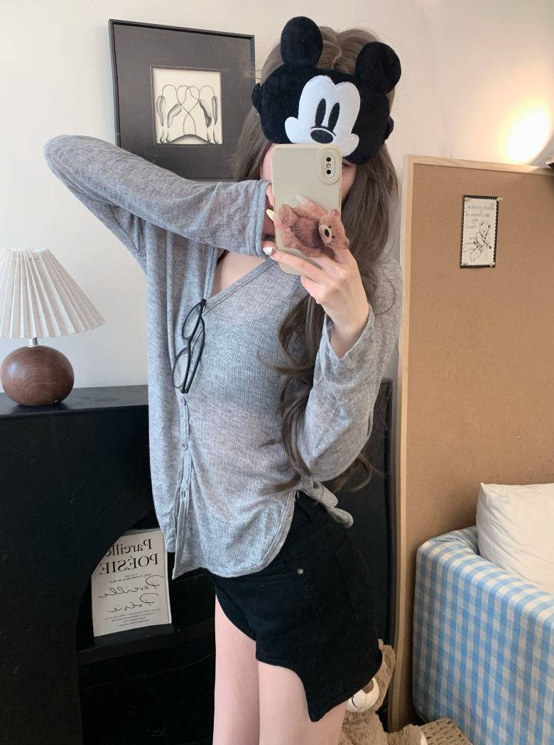 summer cardigan shirt, grey sun shirt women, lightweight long sleeve cover-up, v-neck summer outerwear, OOTDAY cardigan