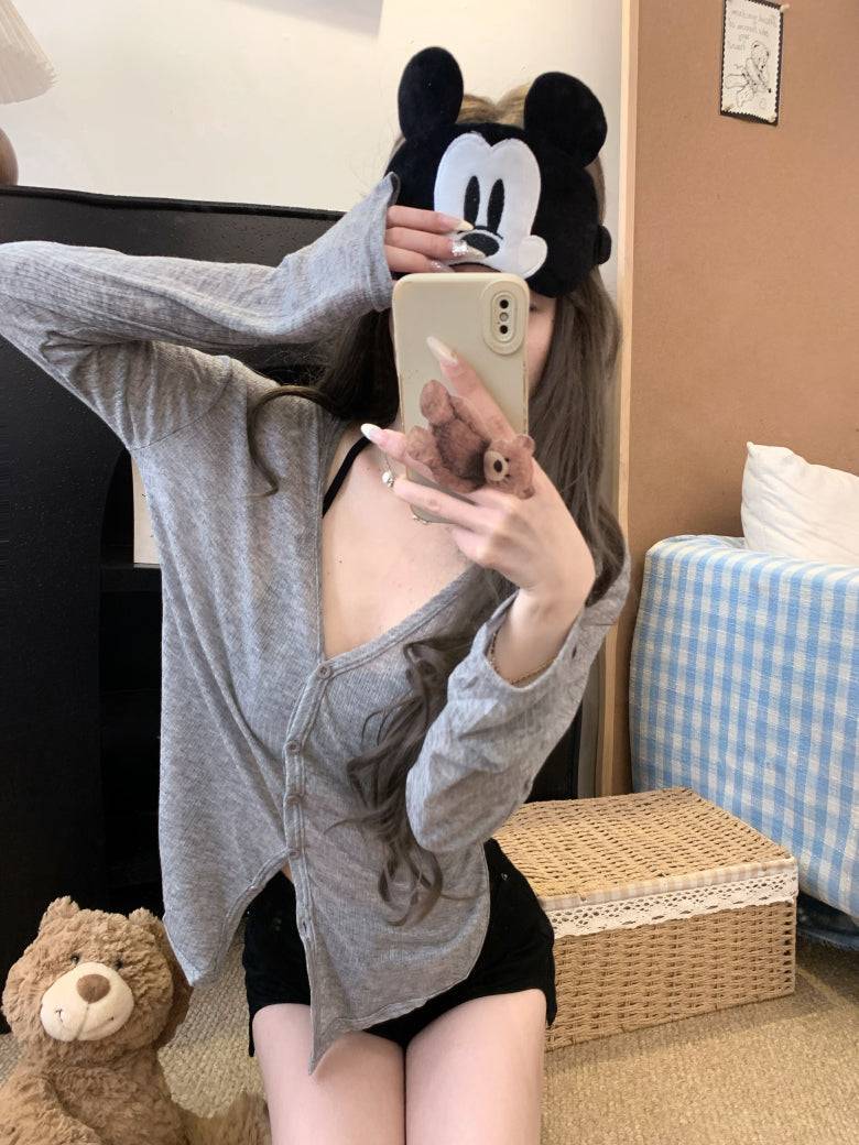 summer cardigan shirt, grey sun shirt women, lightweight long sleeve cover-up, v-neck summer outerwear, OOTDAY cardigan