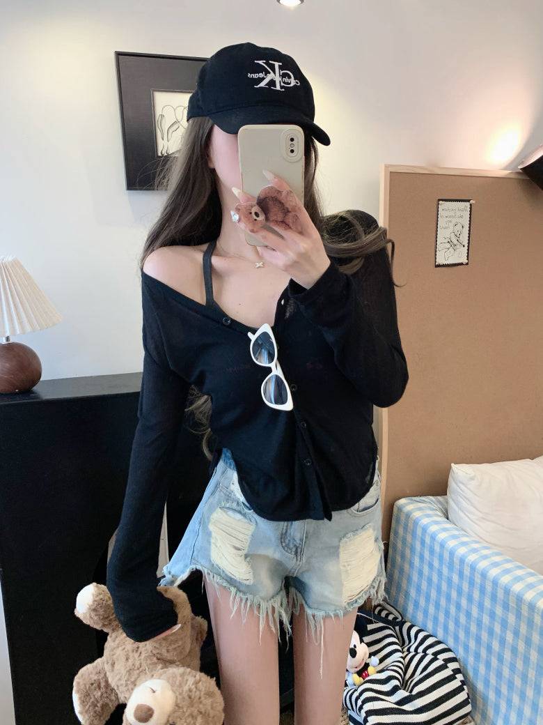 summer cardigan shirt, grey sun shirt women, lightweight long sleeve cover-up, v-neck summer outerwear, OOTDAY cardigan