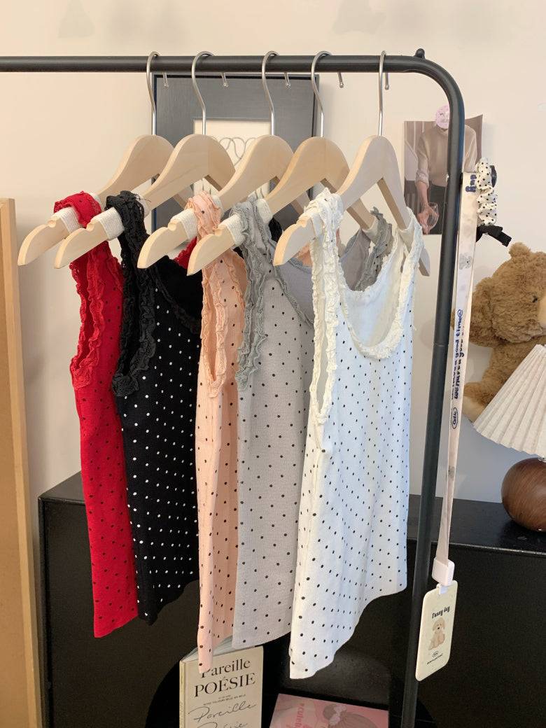 polka dot camisole, lace trim summer top, Korean fashion tank top, cute camisole for girls, OOTDAY lace cami