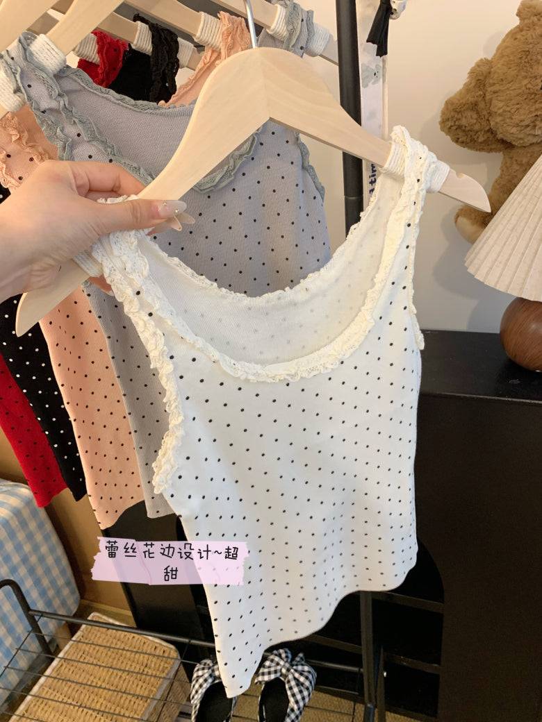 polka dot camisole, lace trim summer top, Korean fashion tank top, cute camisole for girls, OOTDAY lace cami