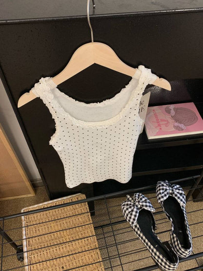 polka dot camisole, lace trim summer top, Korean fashion tank top, cute camisole for girls, OOTDAY lace cami