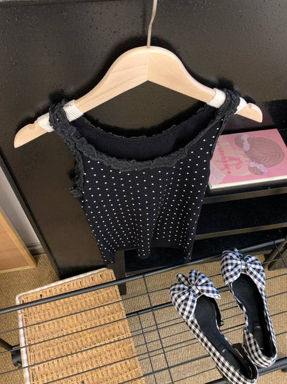 polka dot camisole, lace trim summer top, Korean fashion tank top, cute camisole for girls, OOTDAY lace cami