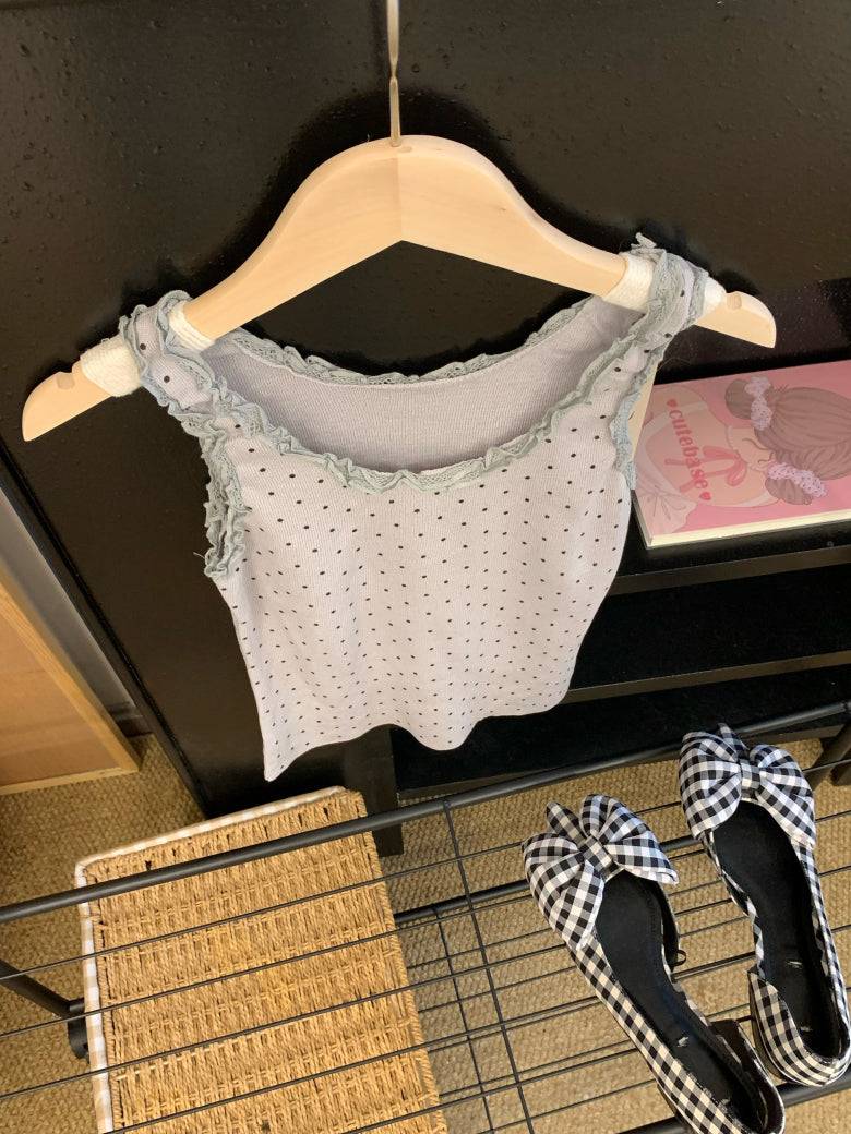 polka dot camisole, lace trim summer top, Korean fashion tank top, cute camisole for girls, OOTDAY lace cami