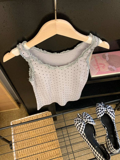polka dot camisole, lace trim summer top, Korean fashion tank top, cute camisole for girls, OOTDAY lace cami