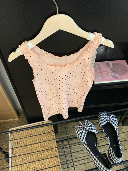 polka dot camisole, lace trim summer top, Korean fashion tank top, cute camisole for girls, OOTDAY lace cami