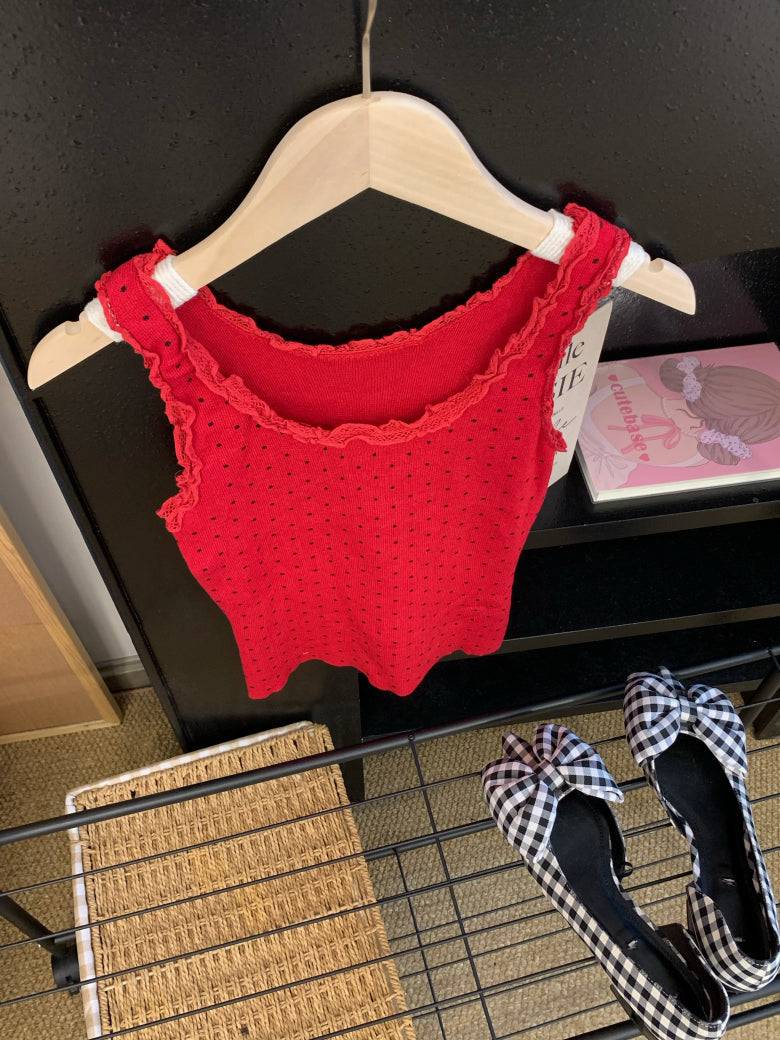 polka dot camisole, lace trim summer top, Korean fashion tank top, cute camisole for girls, OOTDAY lace cami