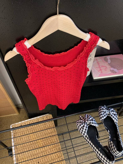 polka dot camisole, lace trim summer top, Korean fashion tank top, cute camisole for girls, OOTDAY lace cami