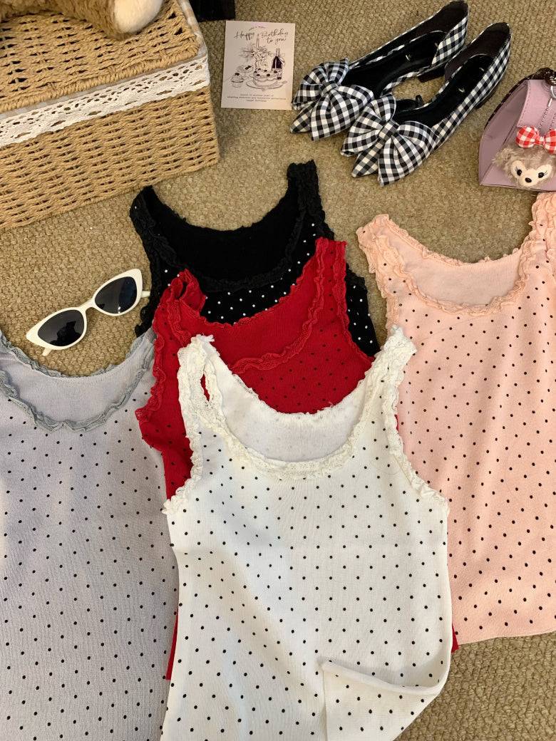polka dot camisole, lace trim summer top, Korean fashion tank top, cute camisole for girls, OOTDAY lace cami