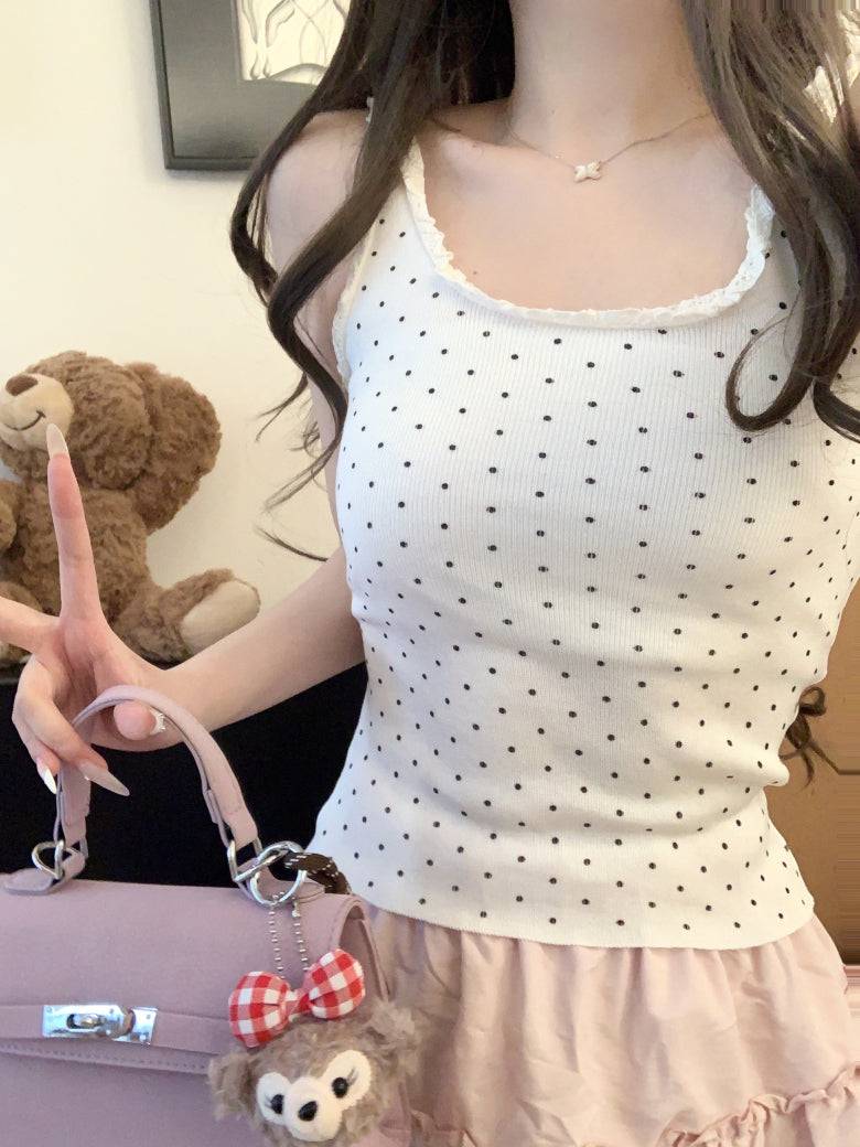 polka dot camisole, lace trim summer top, Korean fashion tank top, cute camisole for girls, OOTDAY lace cami