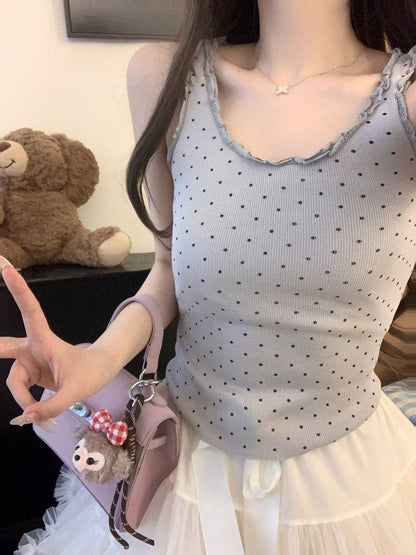 polka dot camisole, lace trim summer top, Korean fashion tank top, cute camisole for girls, OOTDAY lace cami