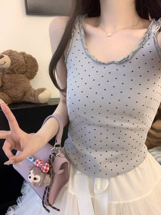 polka dot camisole, lace trim summer top, Korean fashion tank top, cute camisole for girls, OOTDAY lace cami