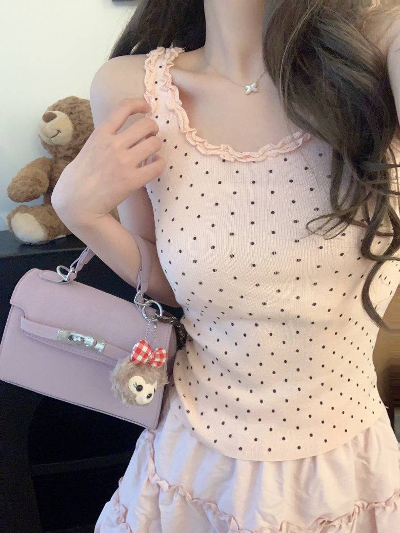 polka dot camisole, lace trim summer top, Korean fashion tank top, cute camisole for girls, OOTDAY lace cami