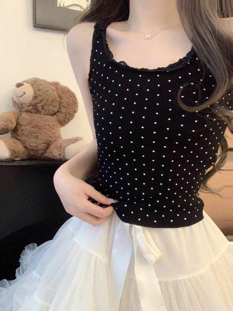 polka dot camisole, lace trim summer top, Korean fashion tank top, cute camisole for girls, OOTDAY lace cami
