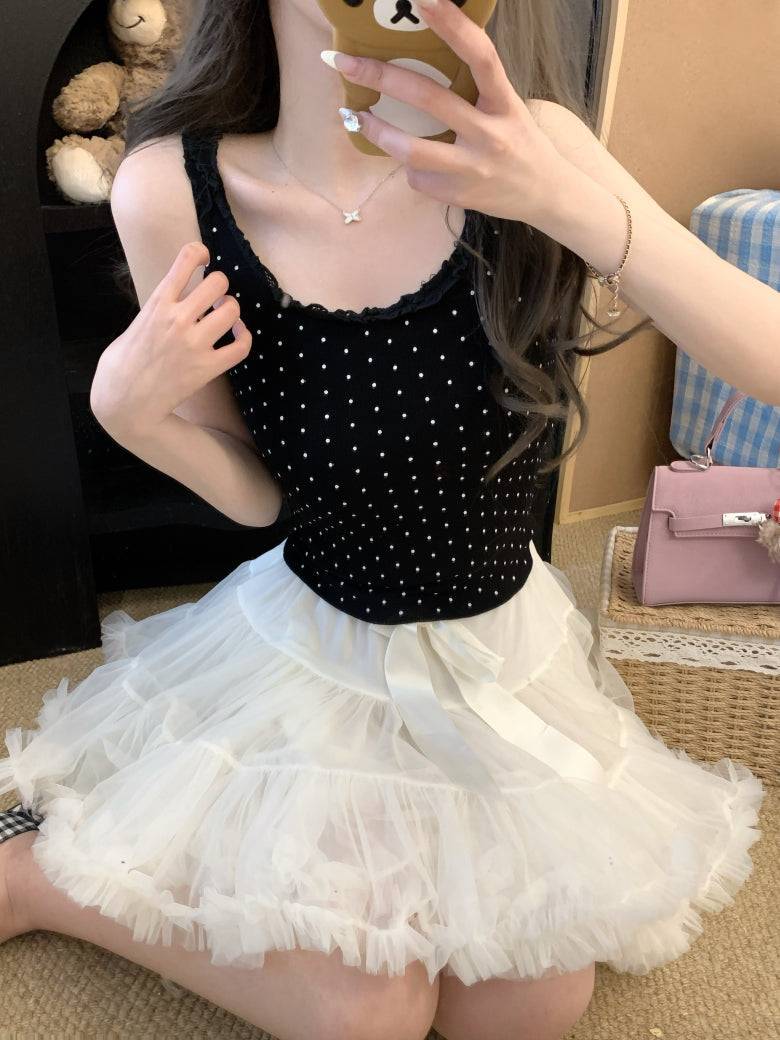 polka dot camisole, lace trim summer top, Korean fashion tank top, cute camisole for girls, OOTDAY lace cami
