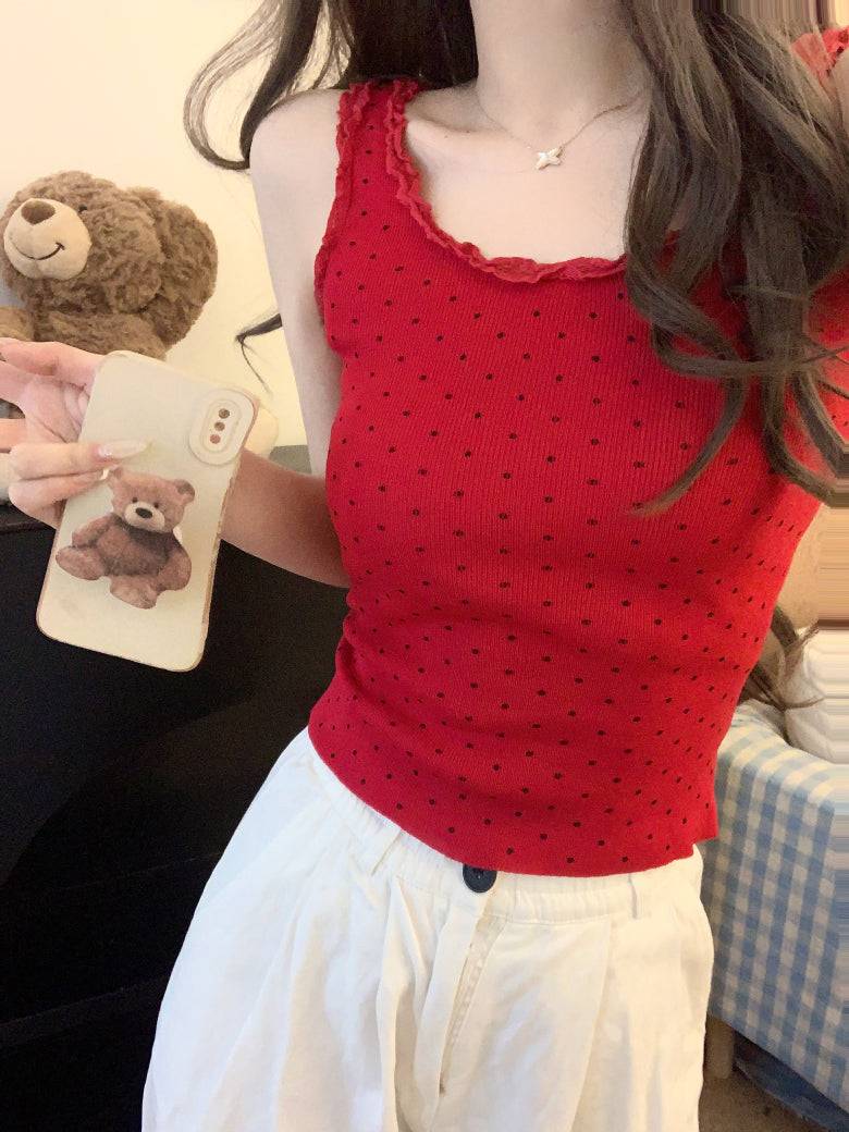 polka dot camisole, lace trim summer top, Korean fashion tank top, cute camisole for girls, OOTDAY lace cami