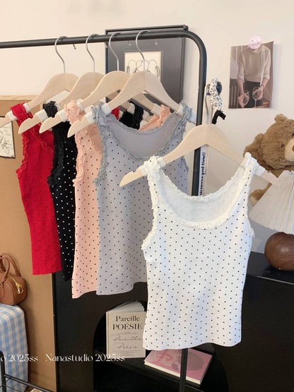 polka dot camisole, lace trim summer top, Korean fashion tank top, cute camisole for girls, OOTDAY lace cami