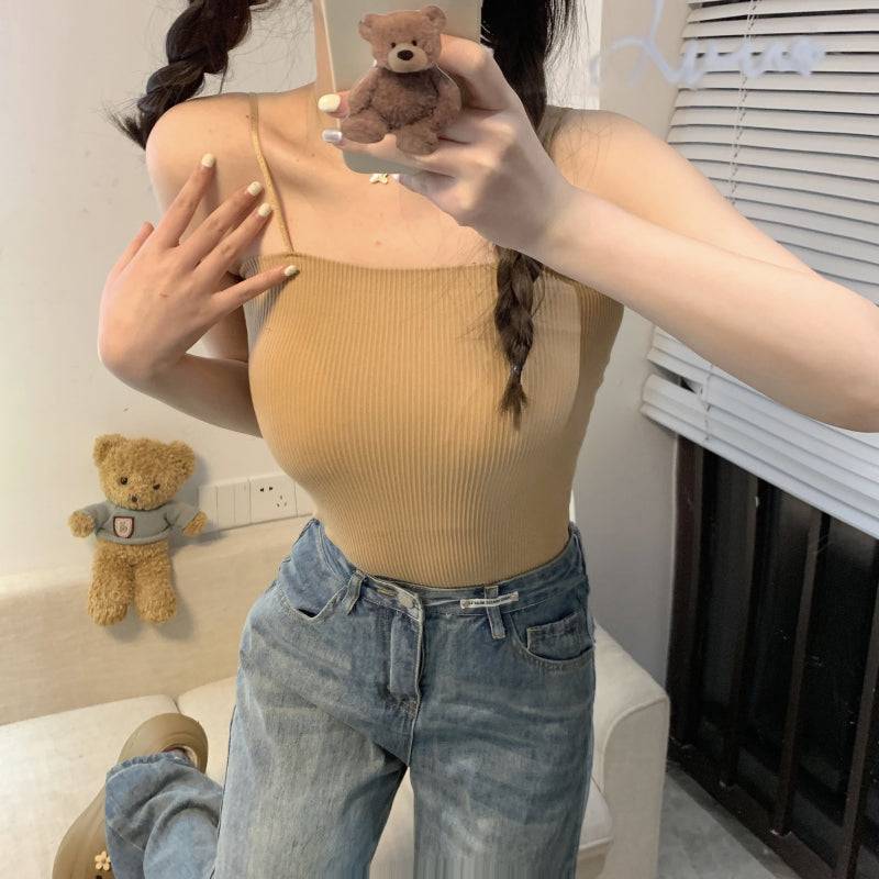 ribbed padded camisole, anti-slip crop tank, summer underwear outerwear, girls cami top, OOTDAY solid color camisole