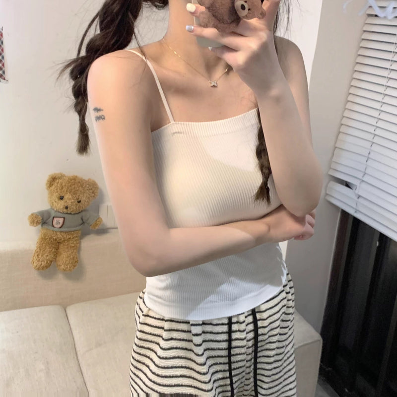 ribbed padded camisole, anti-slip crop tank, summer underwear outerwear, girls cami top, OOTDAY solid color camisole