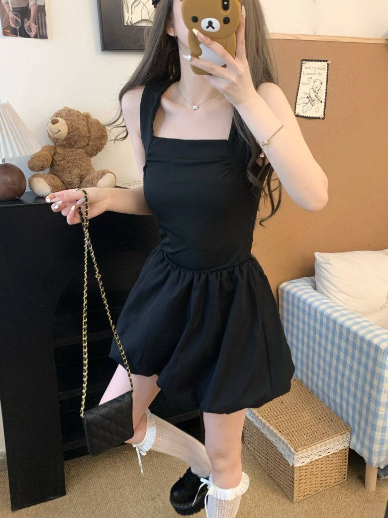 French puff dress for petites, Hepburn style summer dress, sleeveless puff skirt outfit, black white camisole dress, OOTDAY elegant dress