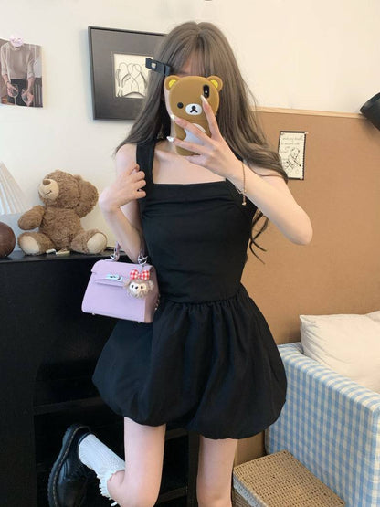 French puff dress for petites, Hepburn style summer dress, sleeveless puff skirt outfit, black white camisole dress, OOTDAY elegant dress
