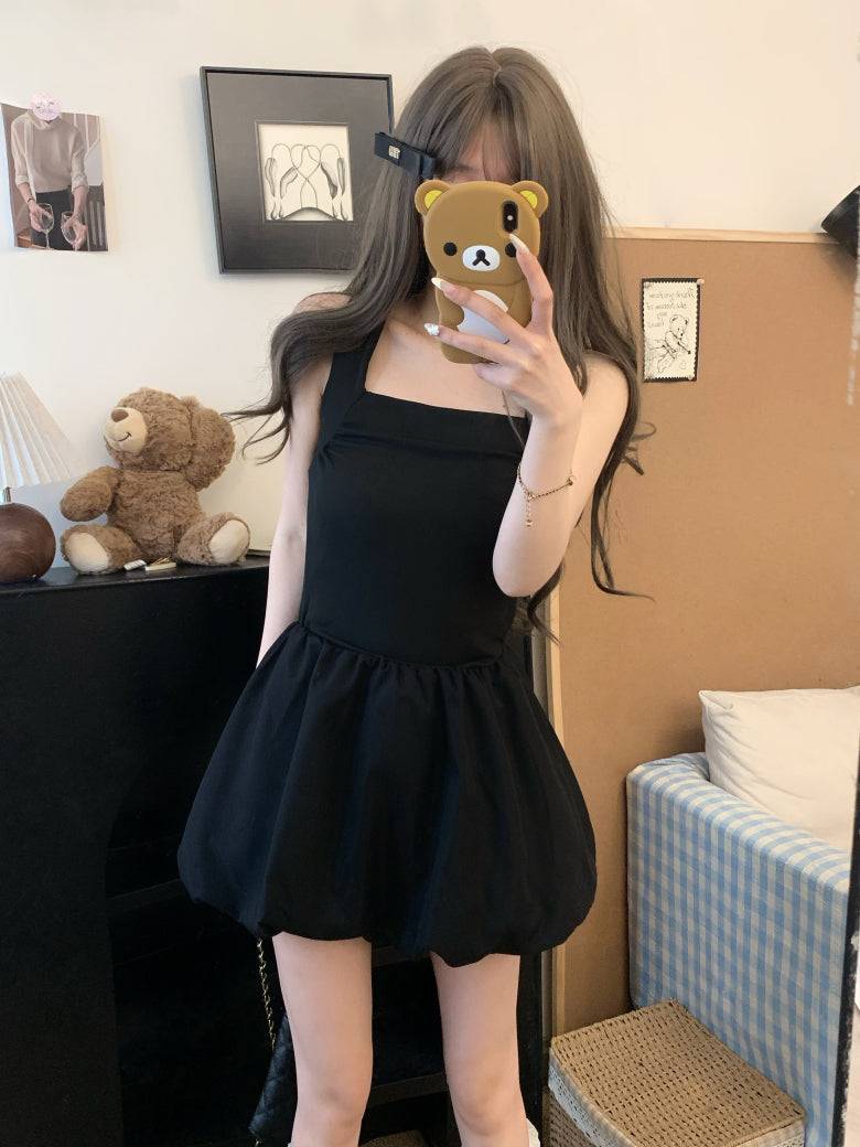French puff dress for petites, Hepburn style summer dress, sleeveless puff skirt outfit, black white camisole dress, OOTDAY elegant dress