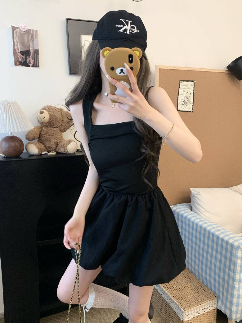 French puff dress for petites, Hepburn style summer dress, sleeveless puff skirt outfit, black white camisole dress, OOTDAY elegant dress