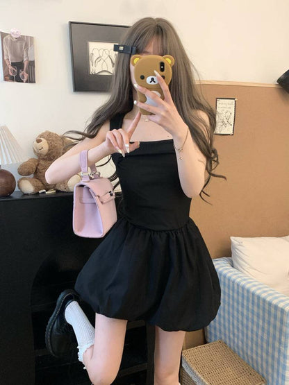 French puff dress for petites, Hepburn style summer dress, sleeveless puff skirt outfit, black white camisole dress, OOTDAY elegant dress
