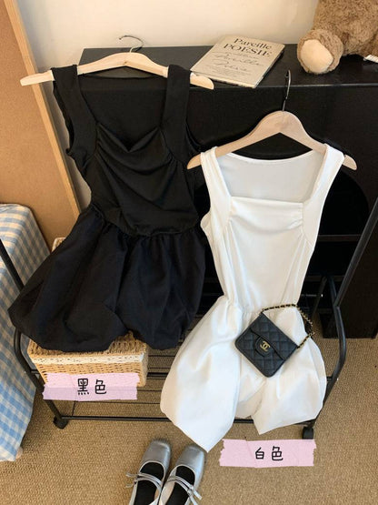 French puff dress for petites, Hepburn style summer dress, sleeveless puff skirt outfit, black white camisole dress, OOTDAY elegant dress