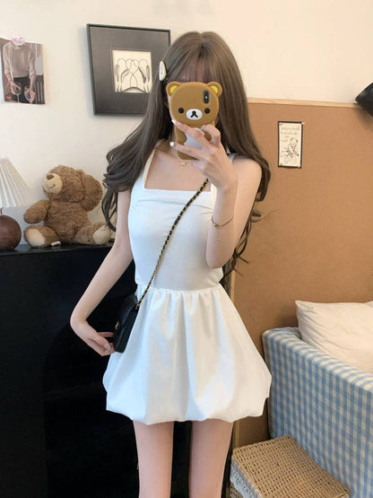 French puff dress for petites, Hepburn style summer dress, sleeveless puff skirt outfit, black white camisole dress, OOTDAY elegant dress
