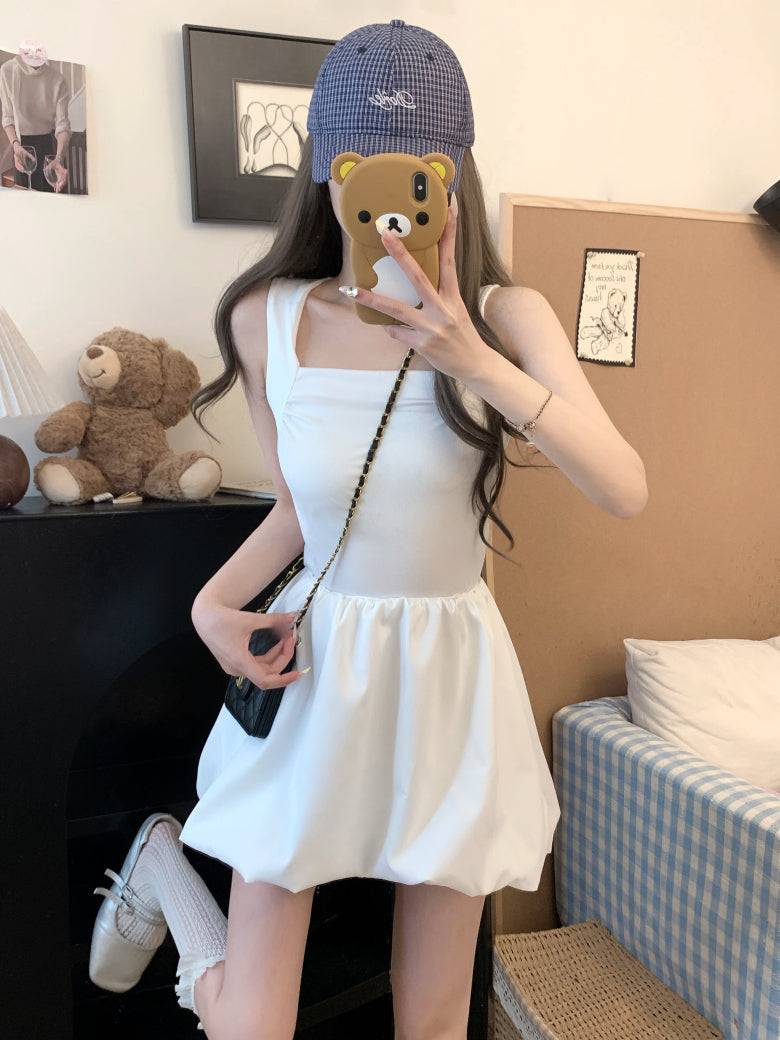 French puff dress for petites, Hepburn style summer dress, sleeveless puff skirt outfit, black white camisole dress, OOTDAY elegant dress
