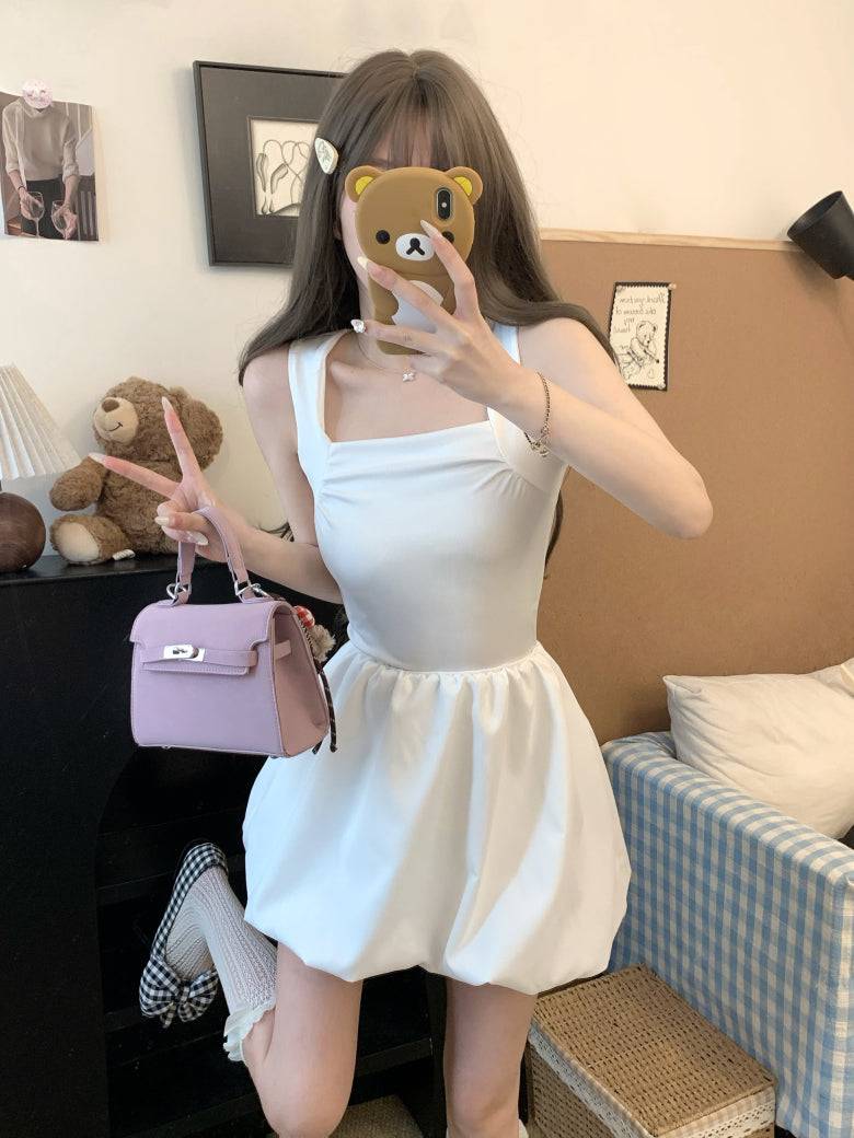 French puff dress for petites, Hepburn style summer dress, sleeveless puff skirt outfit, black white camisole dress, OOTDAY elegant dress