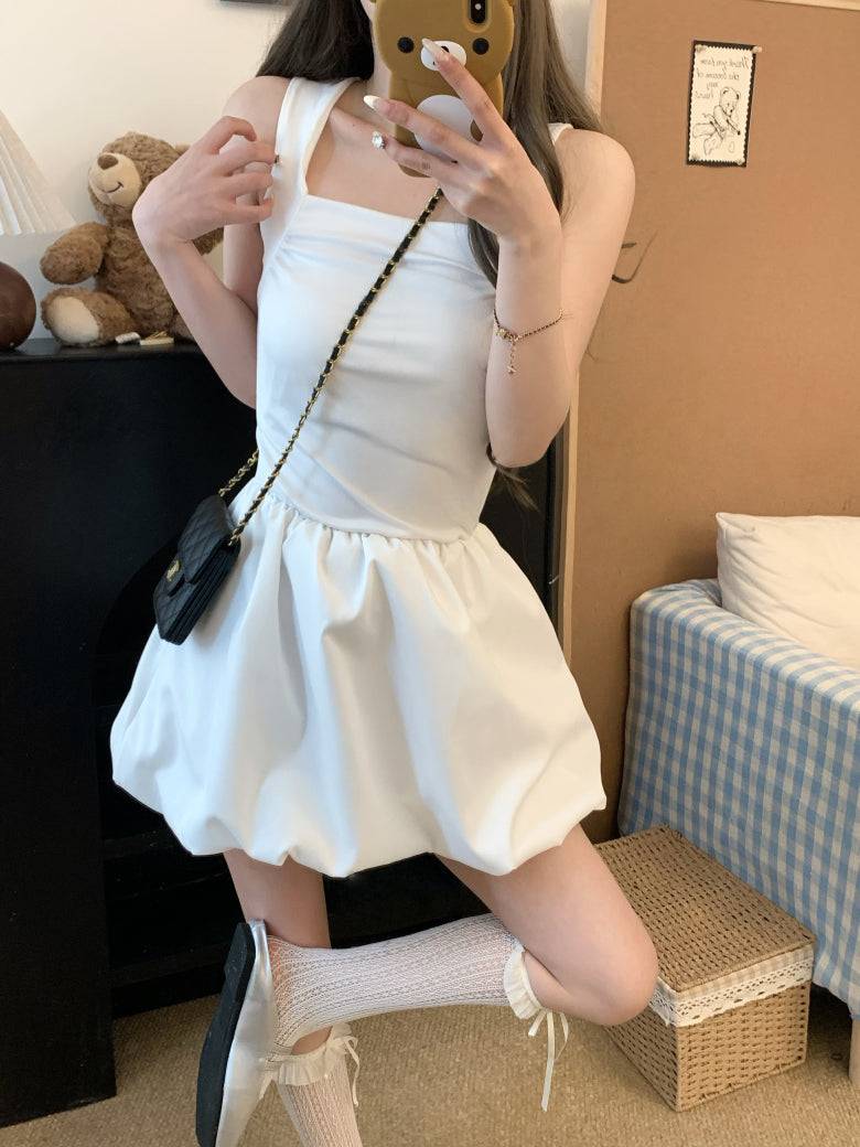 French puff dress for petites, Hepburn style summer dress, sleeveless puff skirt outfit, black white camisole dress, OOTDAY elegant dress