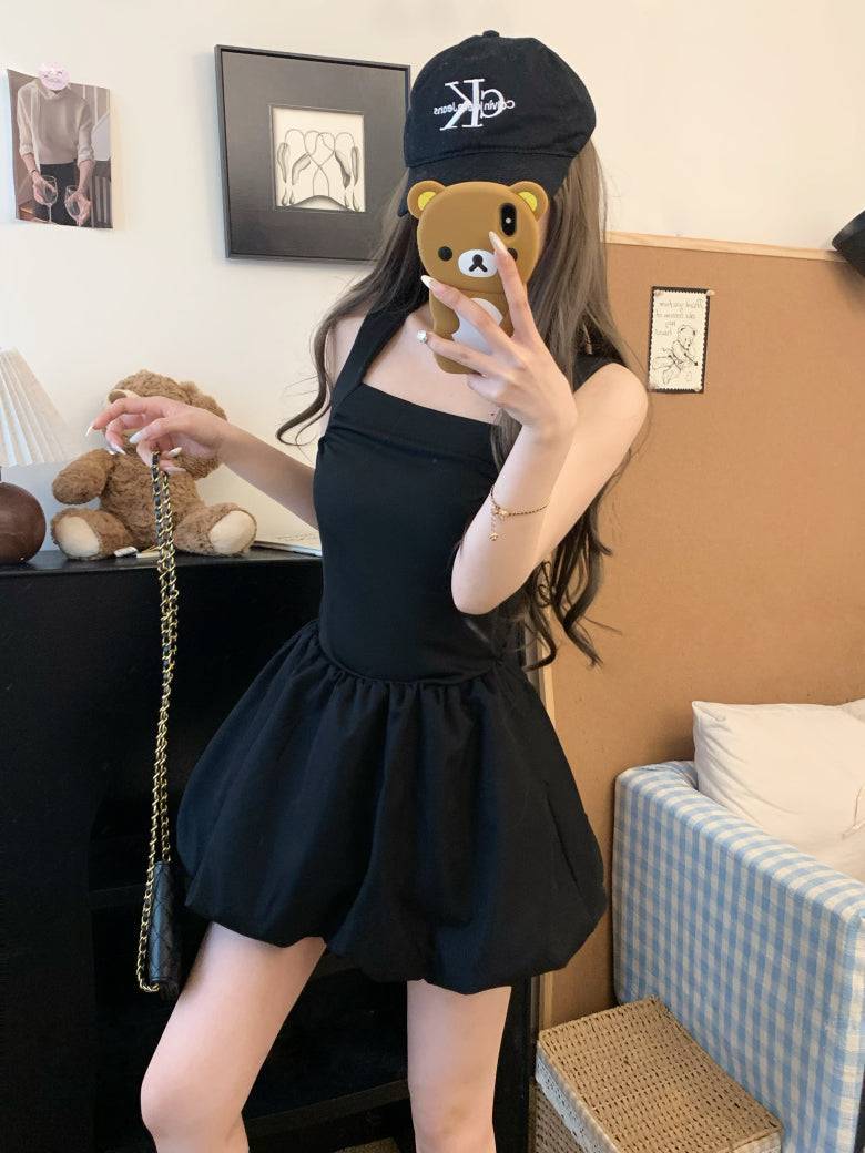 French puff dress for petites, Hepburn style summer dress, sleeveless puff skirt outfit, black white camisole dress, OOTDAY elegant dress