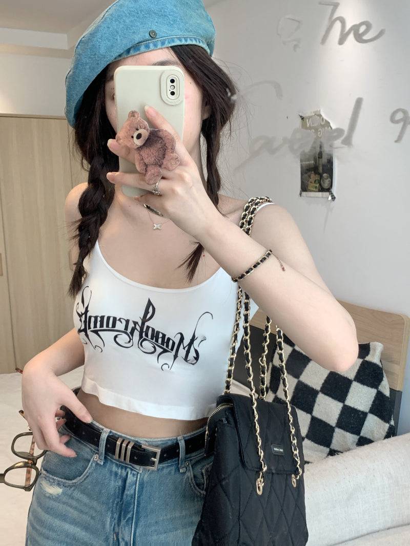 letter print camisole with built-in bra, cropped summer tank top, padded cami for women, hot girl streetwear top, stretchy fitted cami OOTDAY