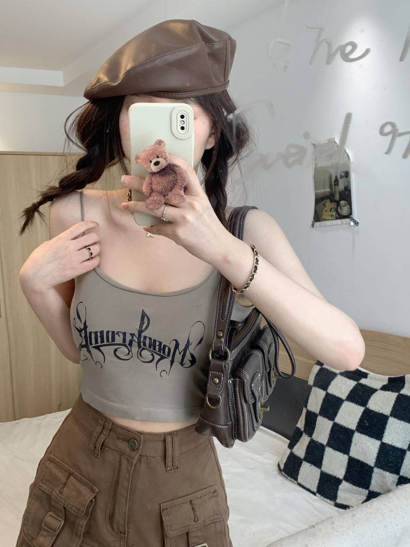 letter print camisole with built-in bra, cropped summer tank top, padded cami for women, hot girl streetwear top, stretchy fitted cami OOTDAY