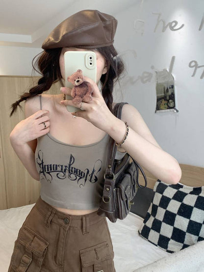 letter print camisole with built-in bra, cropped summer tank top, padded cami for women, hot girl streetwear top, stretchy fitted cami OOTDAY