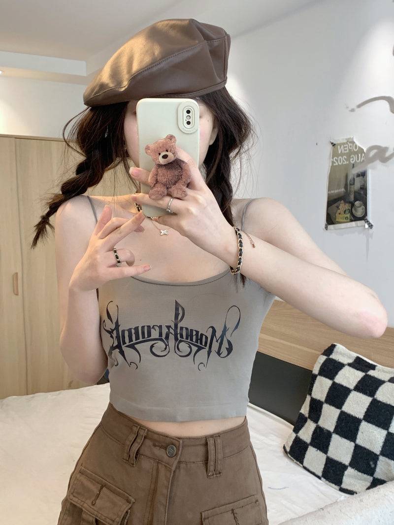 letter print camisole with built-in bra, cropped summer tank top, padded cami for women, hot girl streetwear top, stretchy fitted cami OOTDAY