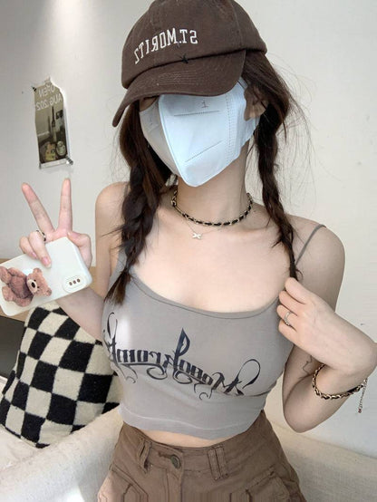 letter print camisole with built-in bra, cropped summer tank top, padded cami for women, hot girl streetwear top, stretchy fitted cami OOTDAY