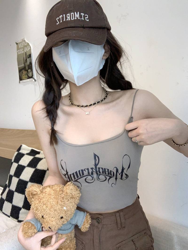 letter print camisole with built-in bra, cropped summer tank top, padded cami for women, hot girl streetwear top, stretchy fitted cami OOTDAY