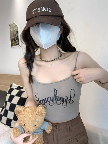 letter print camisole with built-in bra, cropped summer tank top, padded cami for women, hot girl streetwear top, stretchy fitted cami OOTDAY