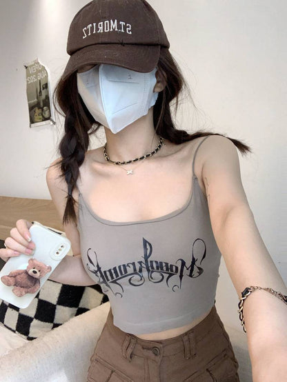 letter print camisole with built-in bra, cropped summer tank top, padded cami for women, hot girl streetwear top, stretchy fitted cami OOTDAY
