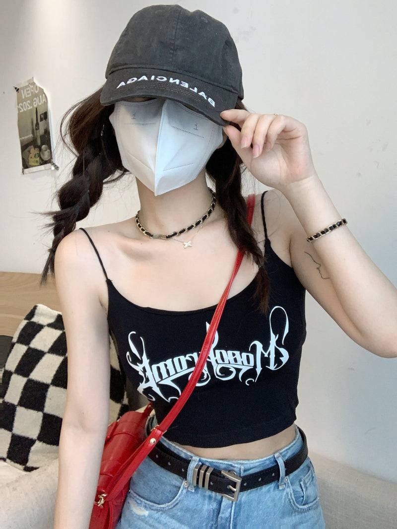 letter print camisole with built-in bra, cropped summer tank top, padded cami for women, hot girl streetwear top, stretchy fitted cami OOTDAY