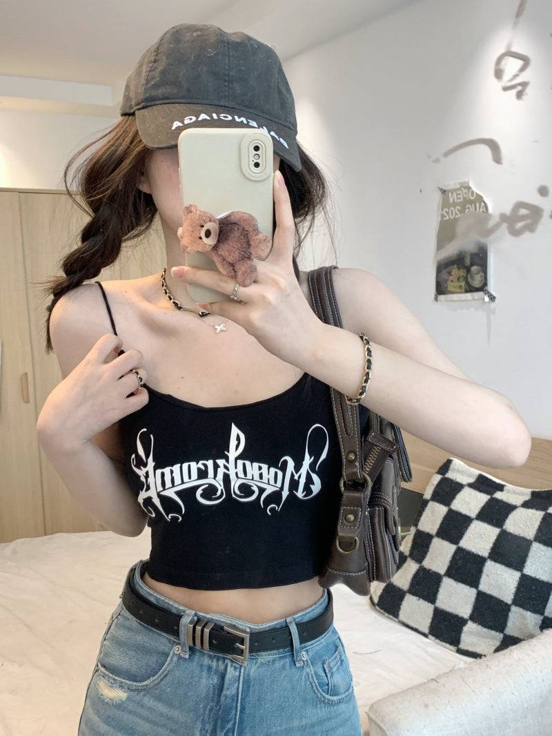 letter print camisole with built-in bra, cropped summer tank top, padded cami for women, hot girl streetwear top, stretchy fitted cami OOTDAY