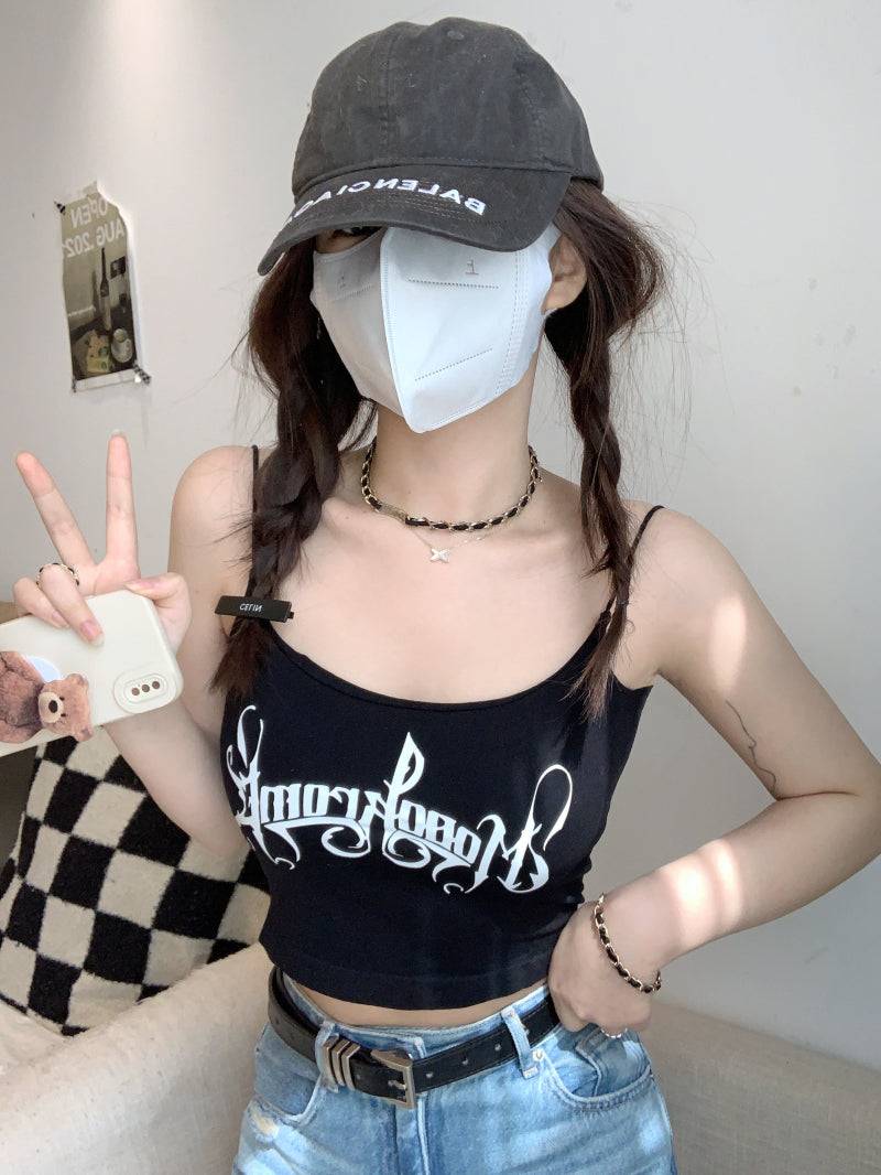 letter print camisole with built-in bra, cropped summer tank top, padded cami for women, hot girl streetwear top, stretchy fitted cami OOTDAY