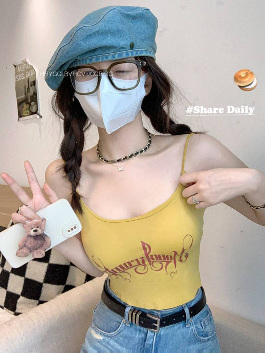 letter print camisole with built-in bra, cropped summer tank top, padded cami for women, hot girl streetwear top, stretchy fitted cami OOTDAY