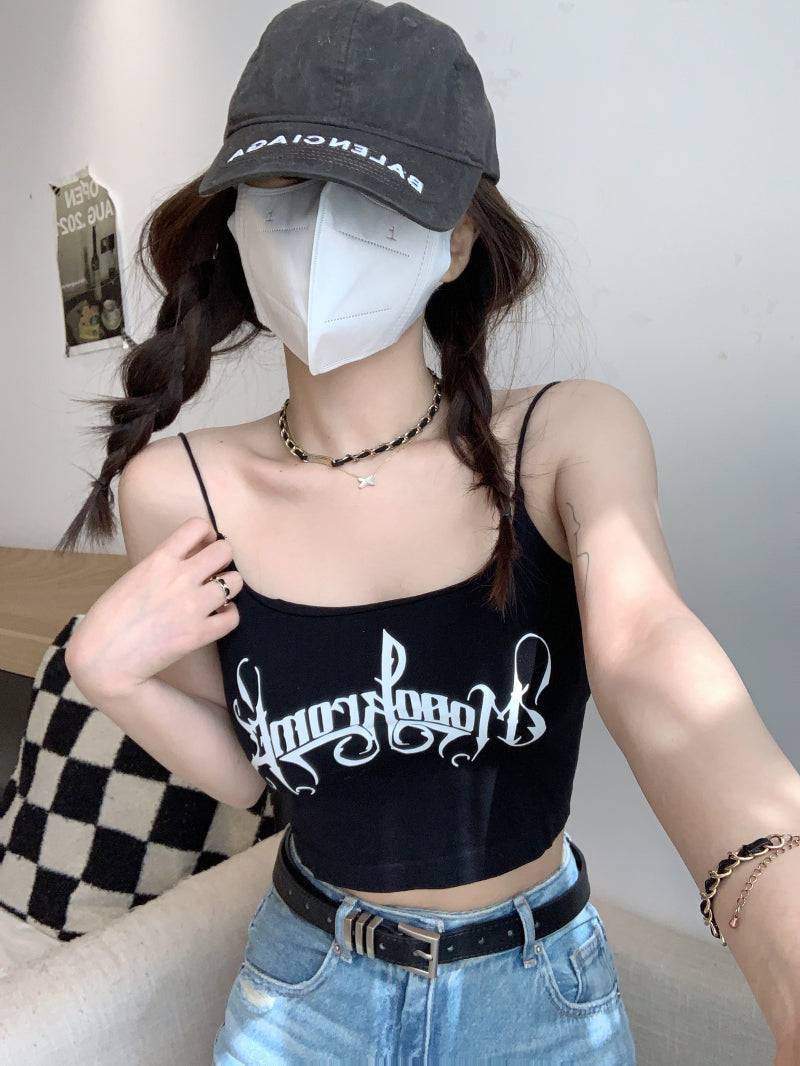 letter print camisole with built-in bra, cropped summer tank top, padded cami for women, hot girl streetwear top, stretchy fitted cami OOTDAY