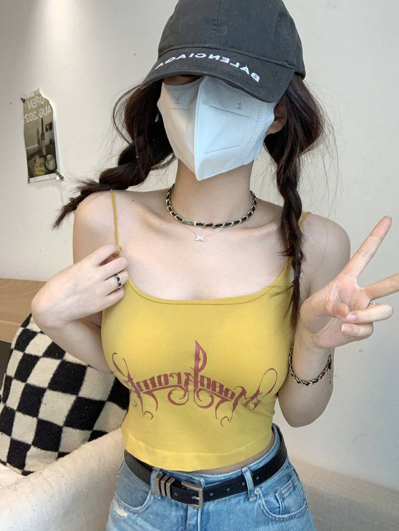 letter print camisole with built-in bra, cropped summer tank top, padded cami for women, hot girl streetwear top, stretchy fitted cami OOTDAY